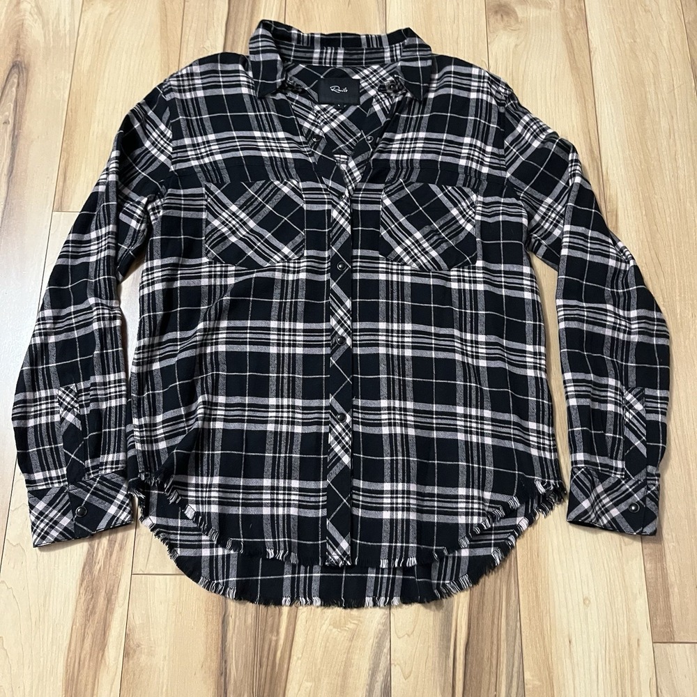 Rails Leo Plaid Button Down Flannel Shirt Onyx Peach Raw Edge Sz S Super Soft